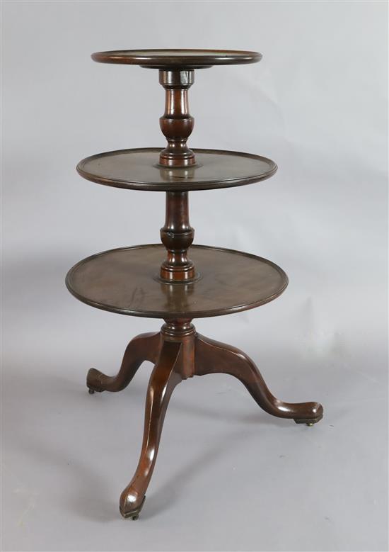 A George II mahogany three tier dumb waiter, H.3ft 6in. Diam. 1ft 11in.